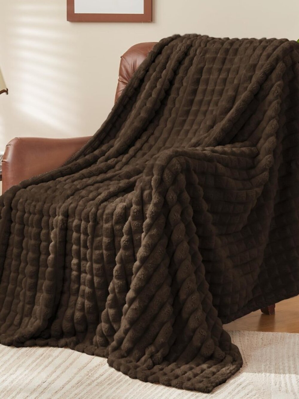 3D Checked Brown Fleece Throw Blanket for Couch, 50x60 Inches